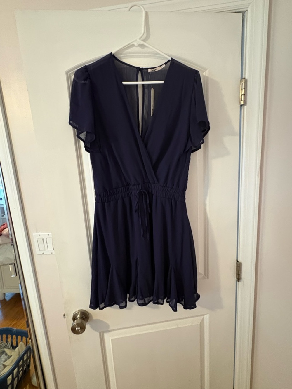 Francesca's Collections Navy Faux Wrap Mini Dress with Tie Waist